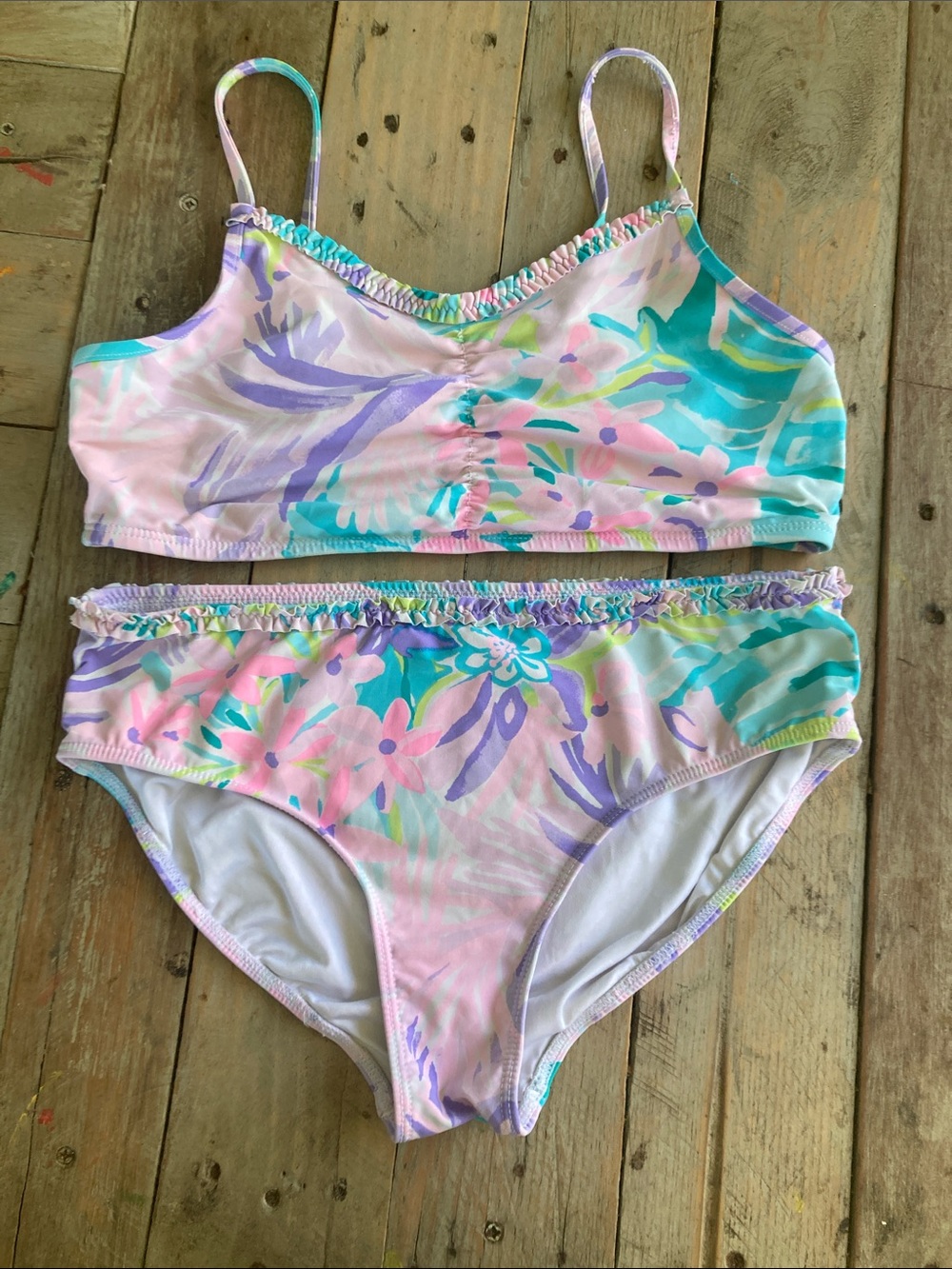 Lilly Pulitzer Girls Floral Bikini in Pastel Pink, Aqua & Lavender
